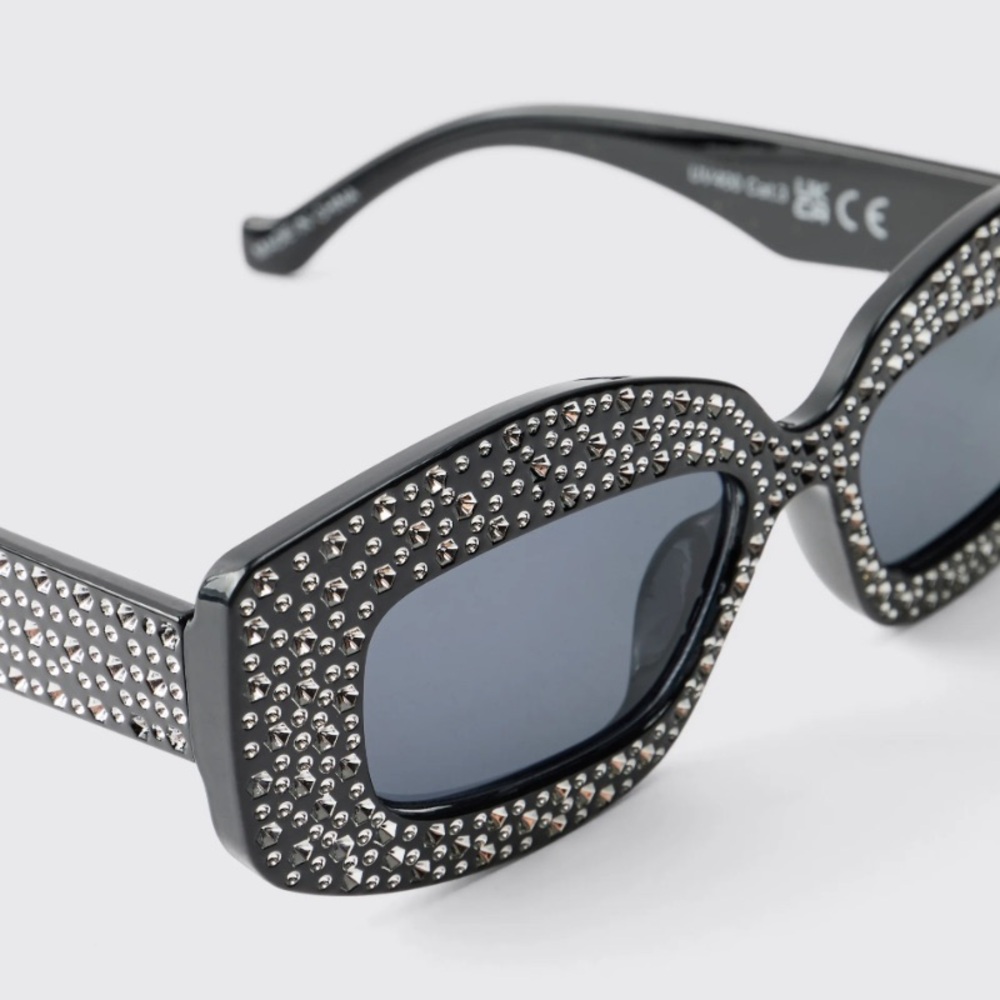 Black Gem Detail Rectangular Sunglasses
